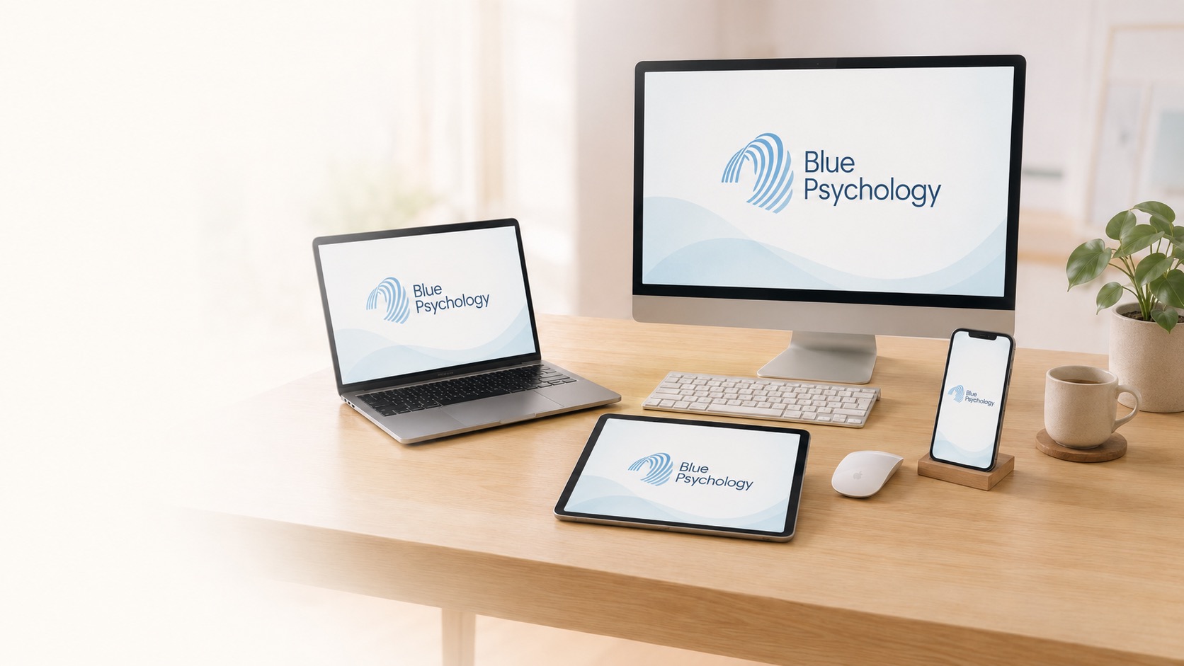 Blue Psychology displayed across telehealth devices